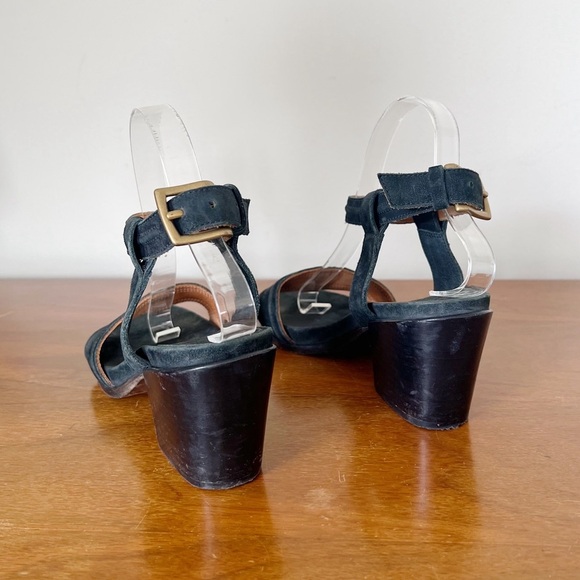 Billy Reid • black suede block heel sandals ankle strap leather stacked buckle - Picture 4 of 8